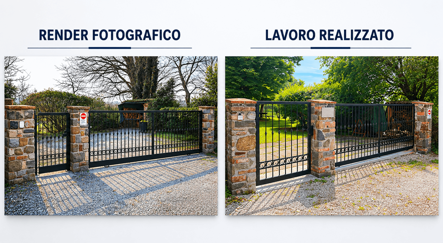 Confronto tra render fotorealistico e lavoro realizzato: cancello in ferro con pilastri in pietra